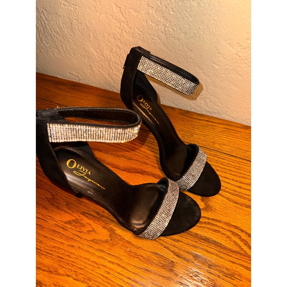 Olivia Ferrgamo Womens Black Rhinestone Ankle Strap Heels Size 8‎